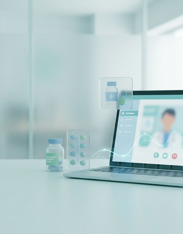 The workflow runs in five steps: an online intake questionnaire, review by a licensed prescriber affiliated with the platform, a fill by a partner pharmacy