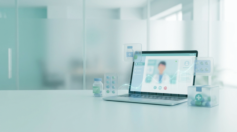 The workflow runs in five steps: an online intake questionnaire, review by a licensed prescriber affiliated with the platform, a fill by a partner pharmacy