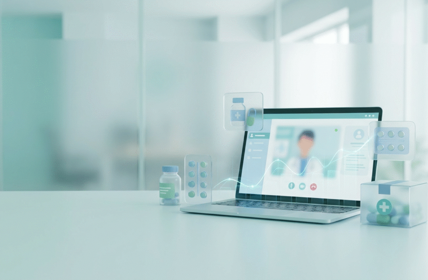 The workflow runs in five steps: an online intake questionnaire, review by a licensed prescriber affiliated with the platform, a fill by a partner pharmacy